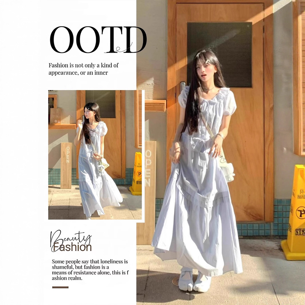 Korean Style Gentle Style Ruffled Collar Puff Sleeve Dress for Women 2025 Summer New Sweet Age-Reducing Waist Long Skirt