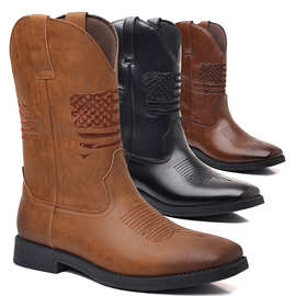 新奥鞋靴8702 复古长靴 牛仔靴        星条旗元素绣花经典西部靴