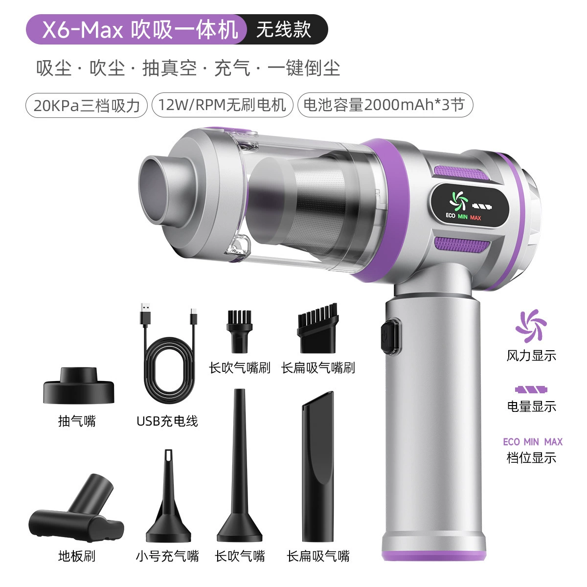 Беспроводной портативный пылесос 506/506Pro/506Max — 6000–20000 Па, USB‑С, 0.12 л