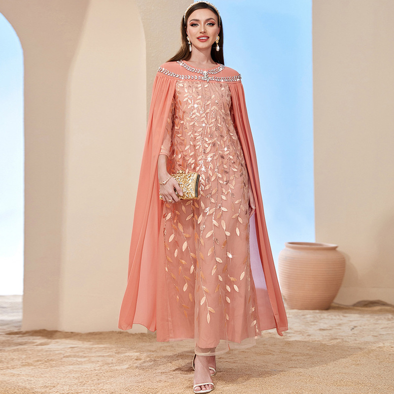 BA2510 Orange Powder Leaf Mesh Embroidered Fashion Cloak Fake Two-piece dress Dubai Dame Dress