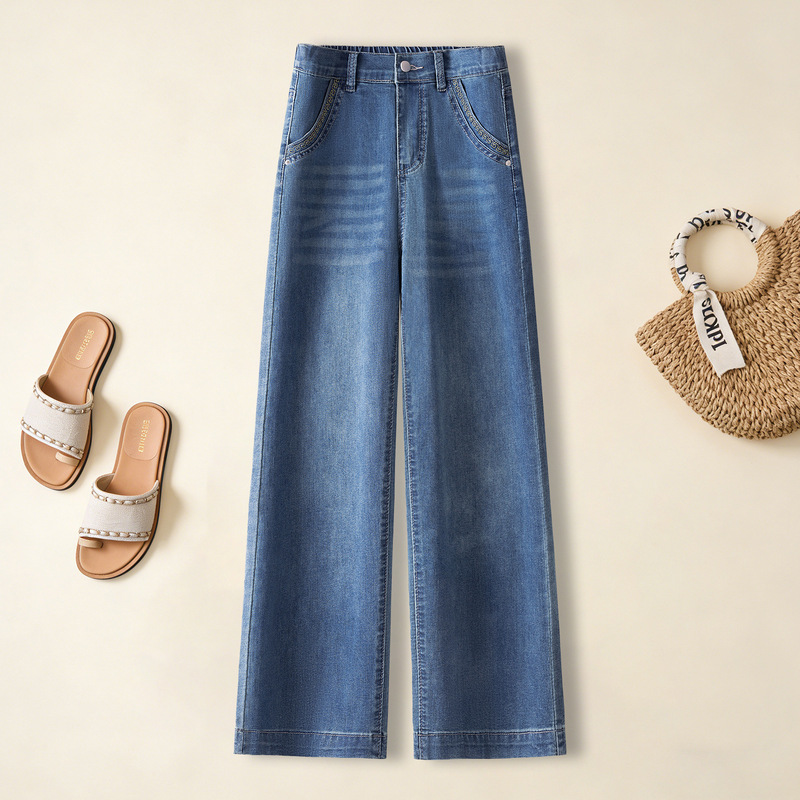 Elastic Waist Petite Women's Cropped Straight-Leg Jeans, Summer High-Waisted Loose Slimming Cropped Narrow Wide-Leg Pants for Spring