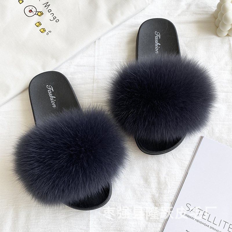 Amazon transfronterizo zapatillas de pelo de zorro real zapatillas de pelo de fondo plano zapatillas de pelo de mujer zapatillas de pelo de verano nuevas exportaciones