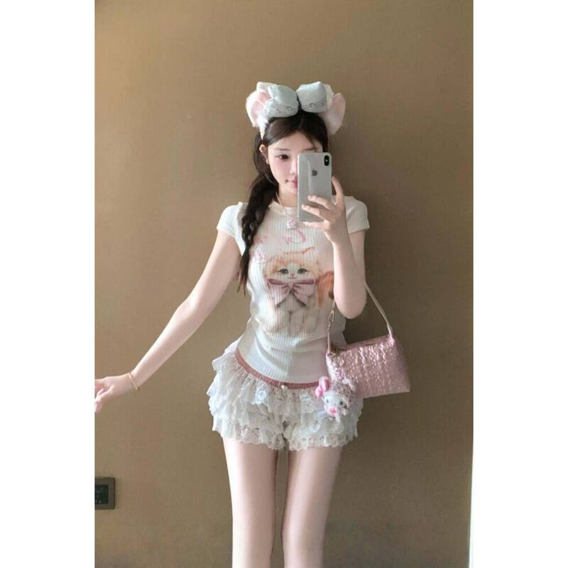 Pure Lust Style ニッチリボン子猫プリント半袖 20225 夏スリムフィットトップ右肩 Tシャツ女性用|undefined