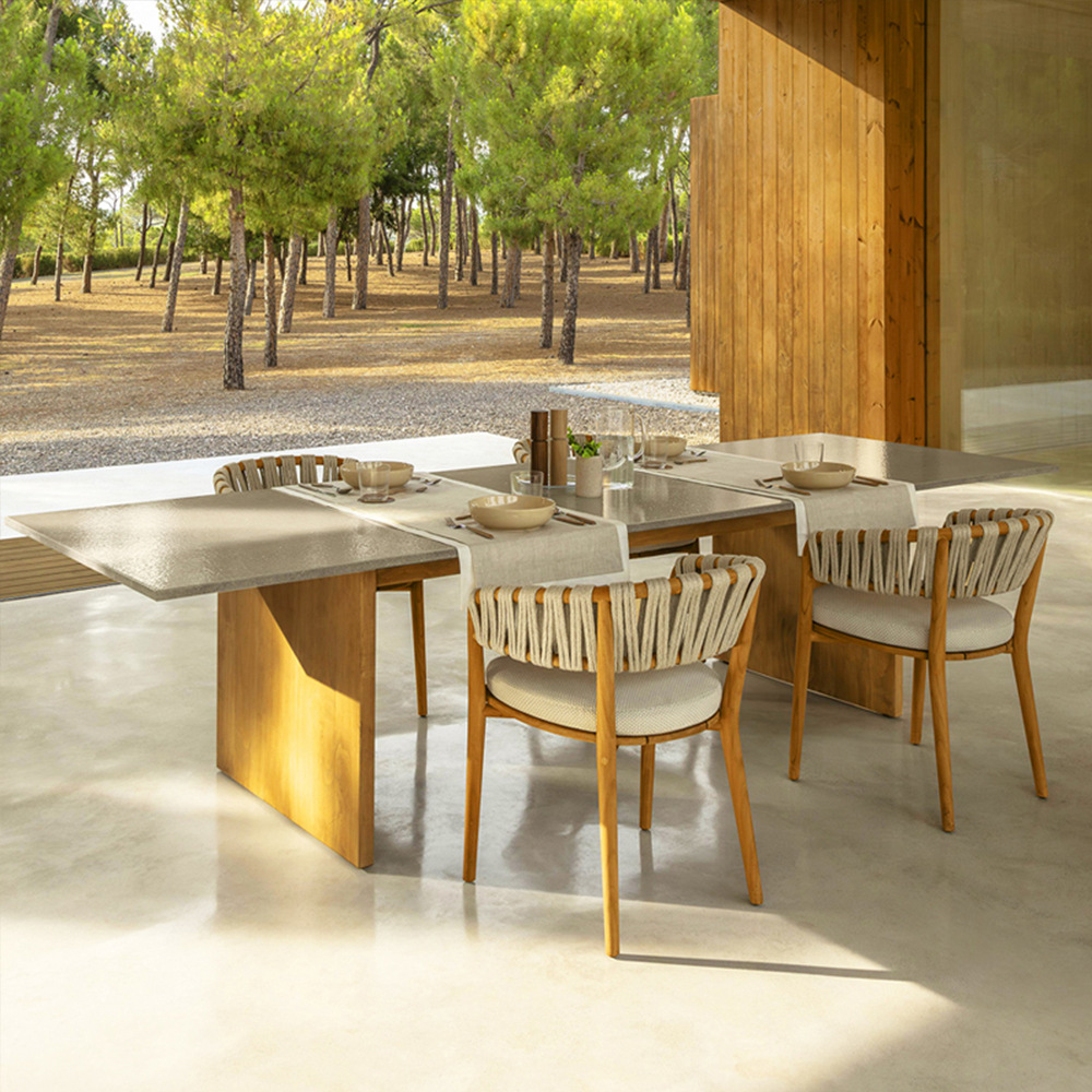 Outdoor solid wood dining table and chairs, rainproof and sun-resistant, for villa, hotel, open-air restaurant, rattan woven, teak, one table with six chairs, courtyard