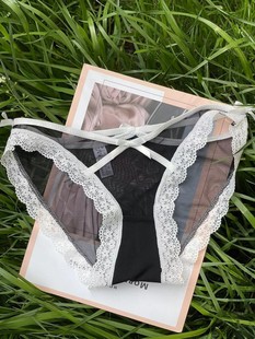 European and American Sexy Underwear Women's Lace Edge Low Waist Perspective Mesh Briefs Cross Bow Temptation Underwear