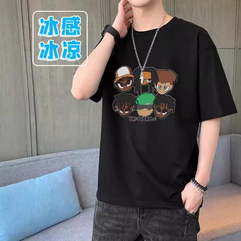 Trendy Short Korean Style Fashionable Black Ice Silk Round Neck Short-sleeved T-shirt T-shirt for Men and Women Trendy Tops