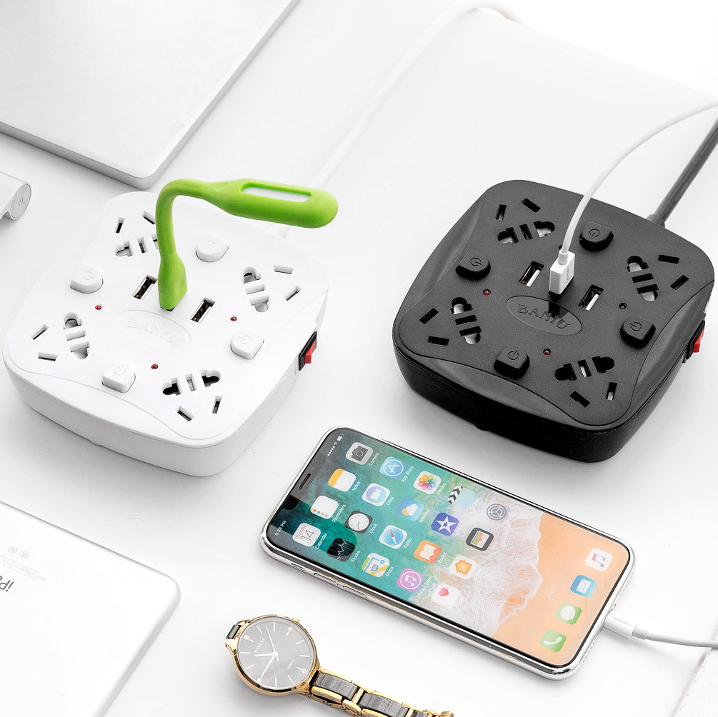 霸牛插座面板多孔多功能带usb插排插板带长线创意排插拖接线板