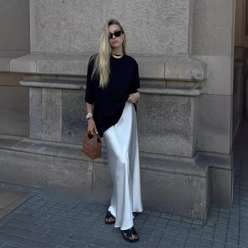 Extra-Long Ankle-Length Skirt for Women, Spring and Summer, High-Waisted, Simple Satin, Imported Acetate, for Tall Women, Size 45 ° Bias-Cut Elastic Waistband