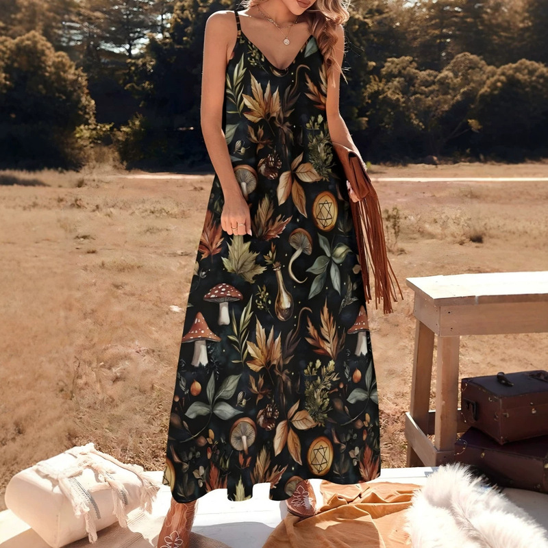 Vintage Star-Moon-Sun Print Camisole Dress V-Neck Loose Plus Size Bohemian Vacation Long Dress