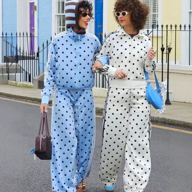 2026 Amazon Fashion Polka Dot Three-Stripe Casual Set Retro Stand-Collar Jacket Wide-Leg Sweatpants Two-Piece Set