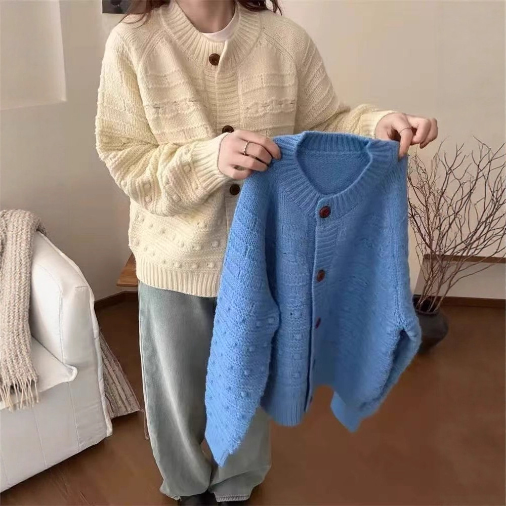 Cross-border coreano retro industria pesada gancho flor nicho de punto cardigan de mujeres otoño invierno nuevo cuello redondo abrigo suéter suelto image 3
