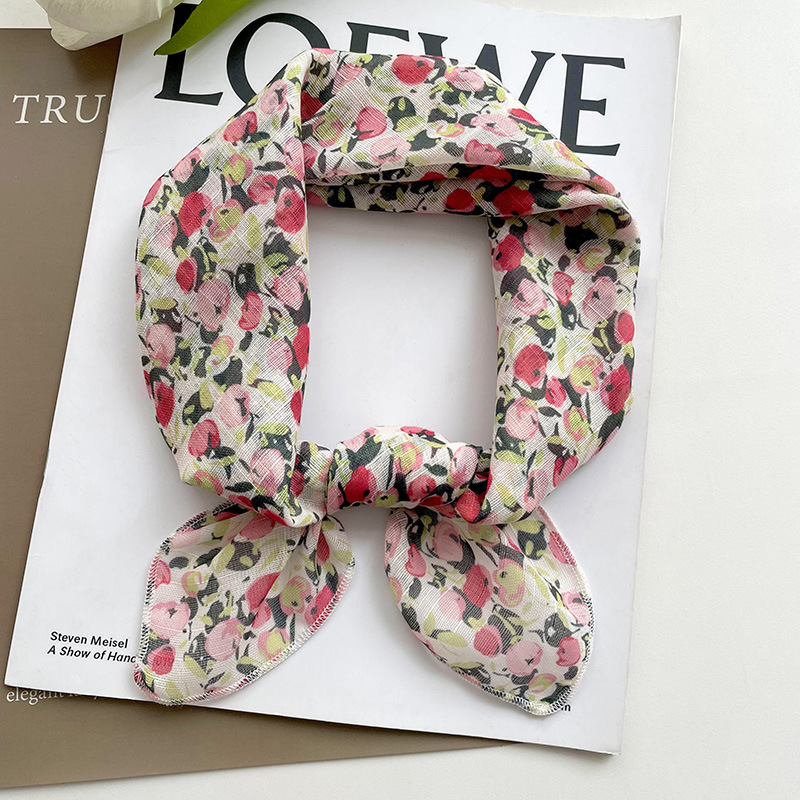 58 algodón y lino pequeña bufanda cuadrada estilo coreano de las mujeres fresco floral artístico elegante todo-fósforo decorativo pequeña bufanda banda de pelo bufanda
