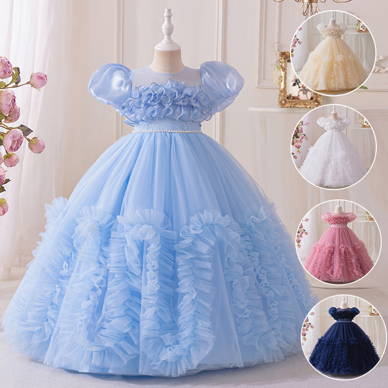 跨境新款儿童礼服无袖长款公主裙派对表演连衣裙网纱花朵蓬蓬纱裙