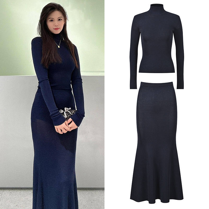 2025 early spring French socialite temperament high collar long sleeve top high waist fishtail overskirt midnight blue knitted suit