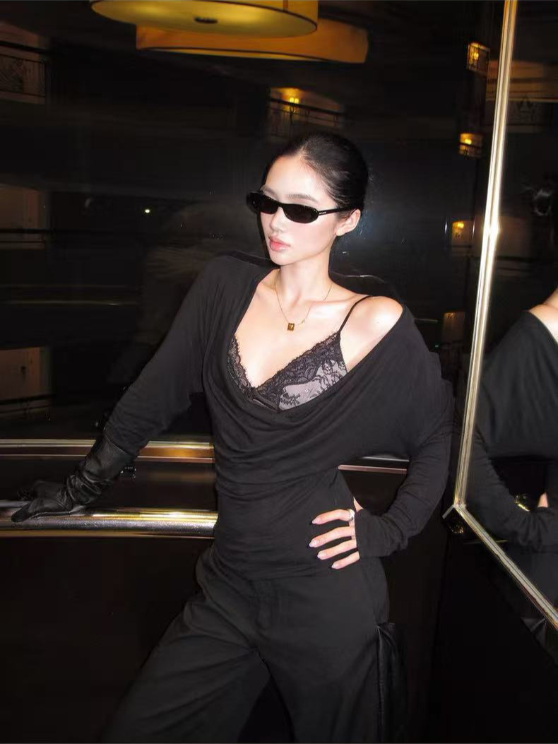 Código pulsante negro camiseta de cuello swing femenina primavera delgada sexy real de dos piezas 2026 nuevo image 1
