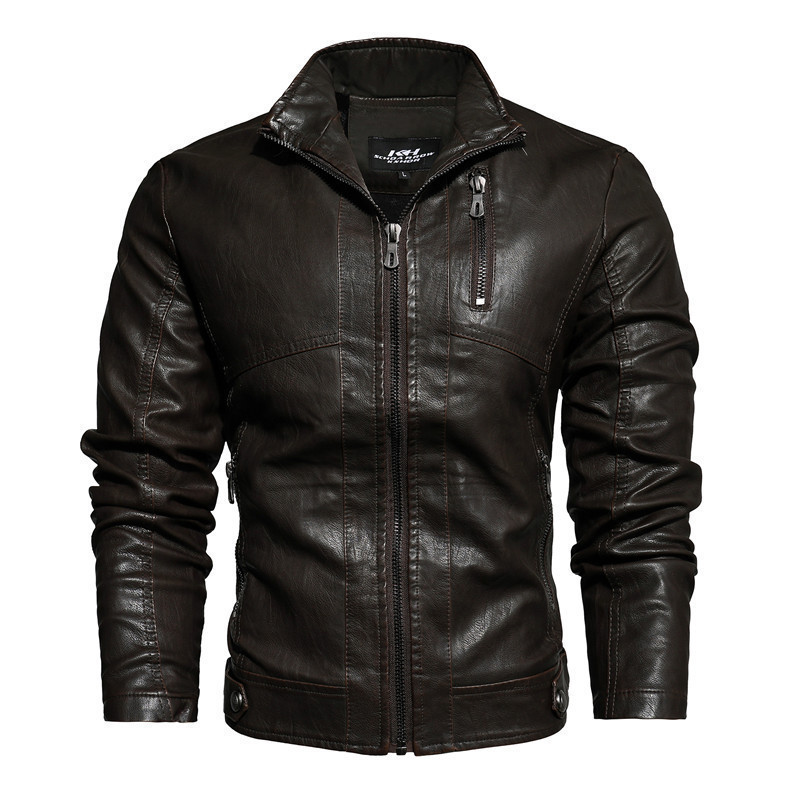 Direct from the manufacturer: Men's autumn and winter stand-up collar, fleece-lined, thickened, solid-color PU leather jacket, plus-size, casual, versatile leather coat for men