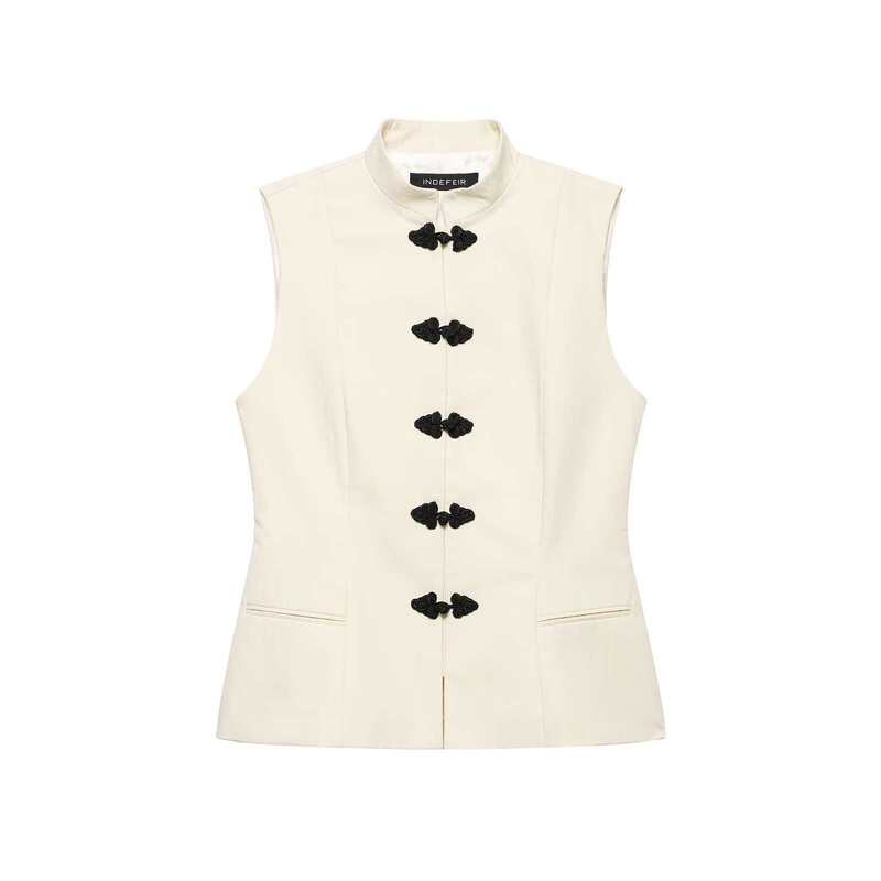 Button-Decorated Vest, Slim Fit, Fashionable, Trendy Rope Knot Design, European and American Cross-Border Hot-Selling Women's Clothing, Off-White, Three-Quarter Length Raincoat Button-Decorated Vest, Slim Fit, Fashionable, Trendy Rope Knot Design, European and American Cross-Border Hot-Selling Women's Clothing, Off-White, Three-Quarter Length Raincoat