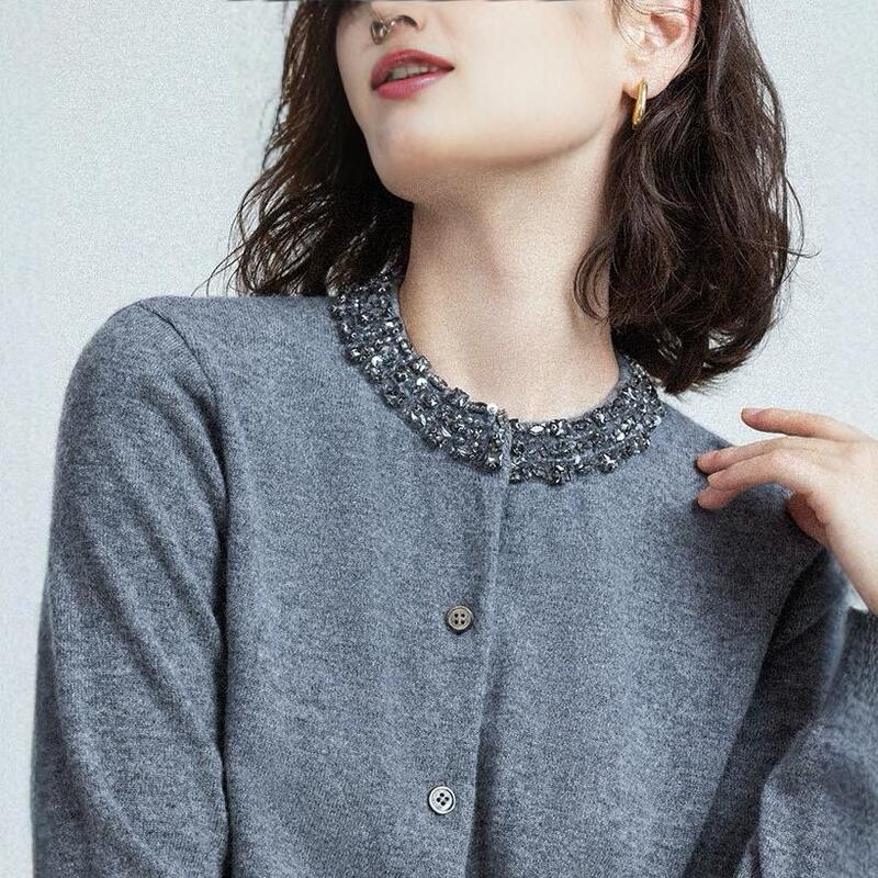 24 New Autumn Winter Full Wool Knitted Cardigan Handmade Brick Collar Decoration
