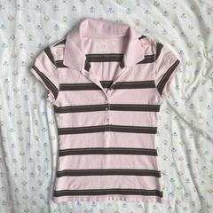 2025年夏季新款欧美风粉色条纹POLO百搭休闲宽松短袖T恤女