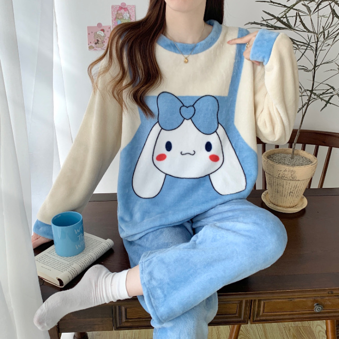 Pijamas de mujeres otoño invierno de franela lindo dibujo animado 2023 nuevo coral de lana gruesa falda cálida ropa para el hogar