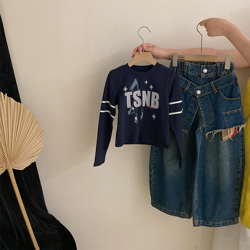 Korean Version New Girls Printed Letter Trend Top 2025 Autumn Pencil Skirt Design Jeans Set of Two