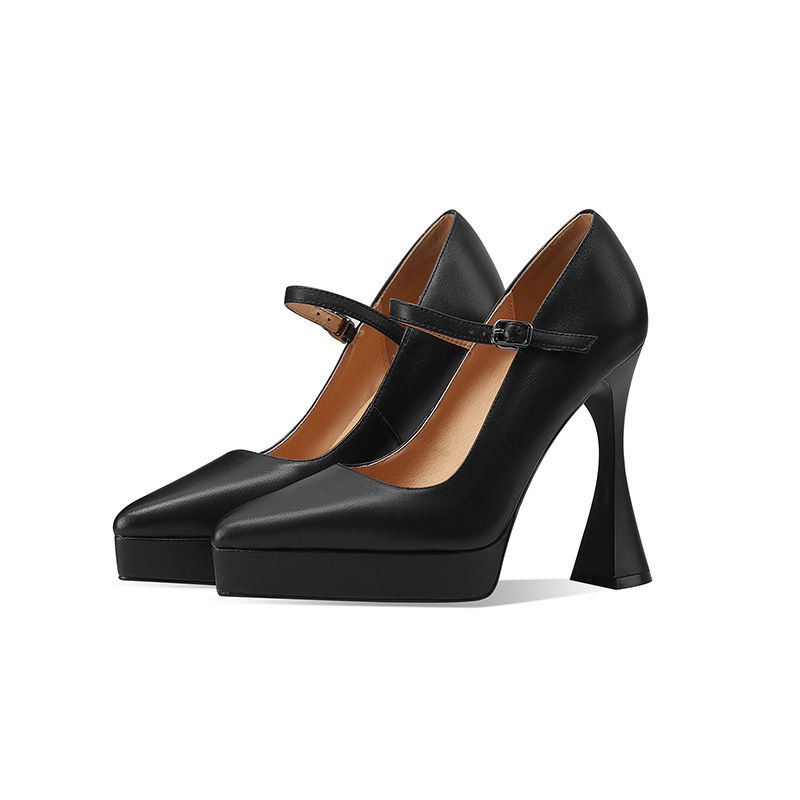 Giày sandal cao gót nữ mũi nhọn da thật, gót siêu cao 12 cm, quai một dây, đế platform, phong cách dạ tiệc — đen