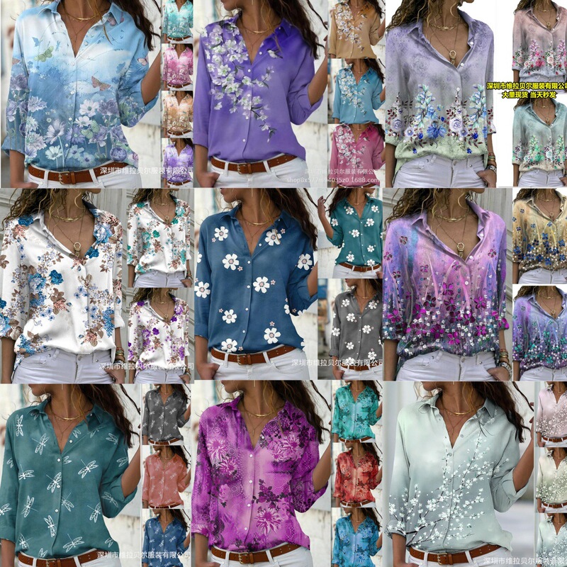 In-Stock European and American Foreign Trade Amazon Women's Loose Lapel Long-Sleeve Single-Breasted Shirt Elegant Lady Print Top In-Stock European and American Foreign Trade Amazon Women's Loose Lapel Long-Sleeve Single-Breasted Shirt Elegant Lady Print Top