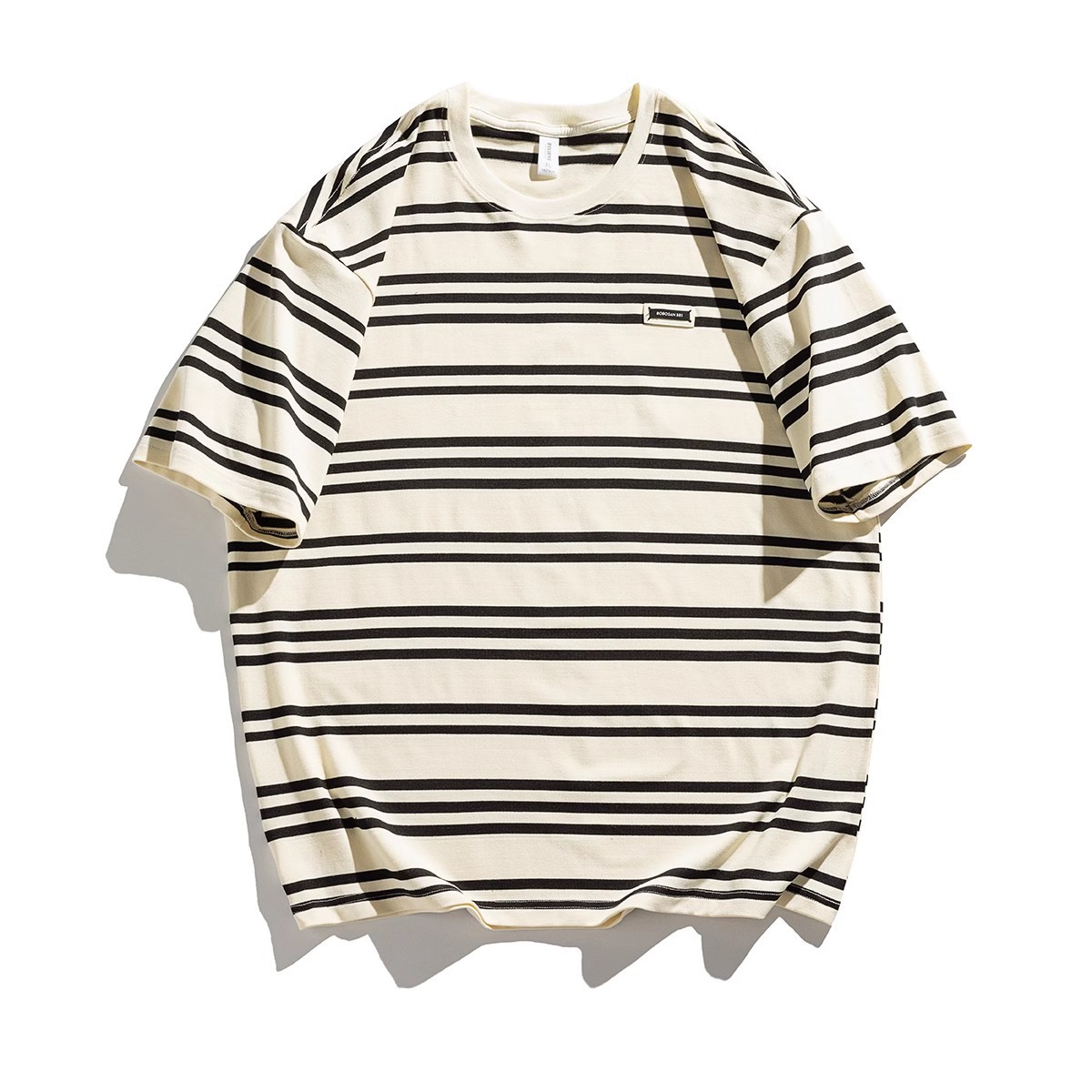 Heavy New Striped Short-sleeved T-shirt Men's Fashion Brand Summer Korean Loose Casual Lovers Half-sleeved T-shirt Top