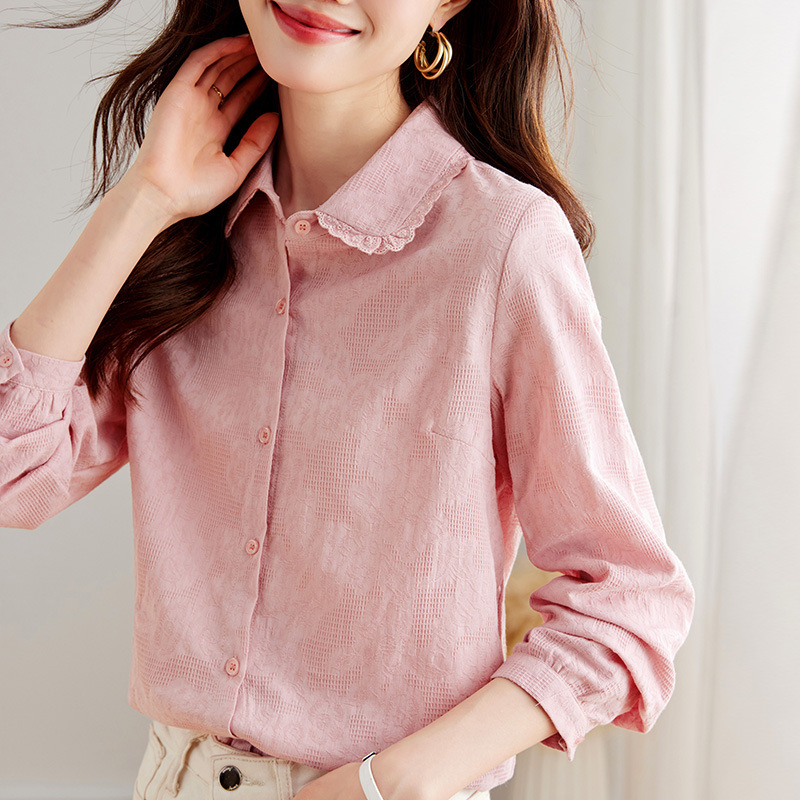 Pink Embroidered Shirt for Women, Long-Sleeved 2026 Autumn New Style, Lace-Trimmed Lapel Top, Women's Pure Cotton Shirt Pink Embroidered Shirt for Women, Long-Sleeved 2026 Autumn New Style, Lace-Trimmed Lapel Top, Women's Pure Cotton Shirt