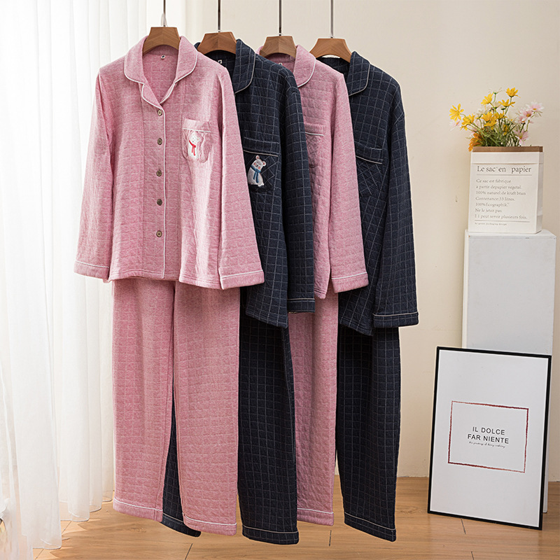 22 new linen plain color interlayer warm cotton air layer cute embroidered long sleeve trousers lovers home suit wholesale 22 new linen plain color interlayer warm cotton air layer cute embroidered long sleeve trousers lovers home suit wholesale