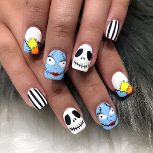 Halloween Short Square Armor Patch Blue Ghost Skull Halloween Elements Fake Nail Finished Wear Armor Holiday Nail Art
