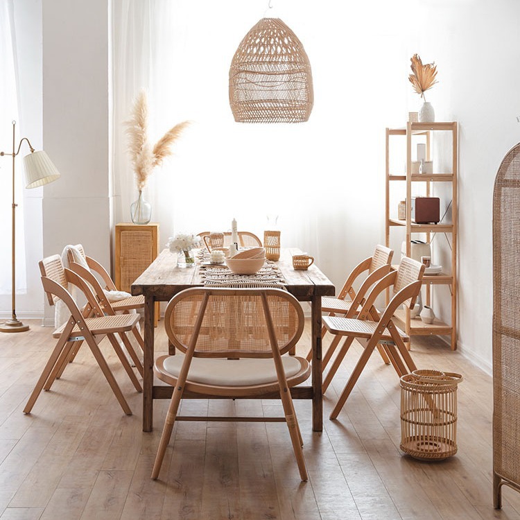 Nordic ins moderno simple estilo japonés y coreano restaurante leche tienda de té cafetería hogar madera maciza ratán plegable Silla de comedor