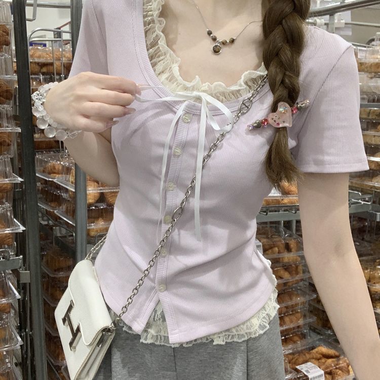 Two-Piece Short-Sleeved T-Shirts for Women, Pure Desire Summer Lace Slimming and Versatile Tops