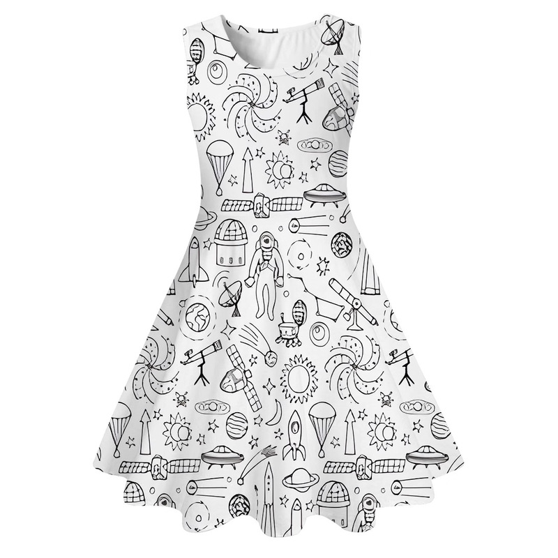 Cross-border 3D Digital Printing Girls Children's Wear dress Simple Black and White Sketch Round Neck Sleeveless Princess Dress