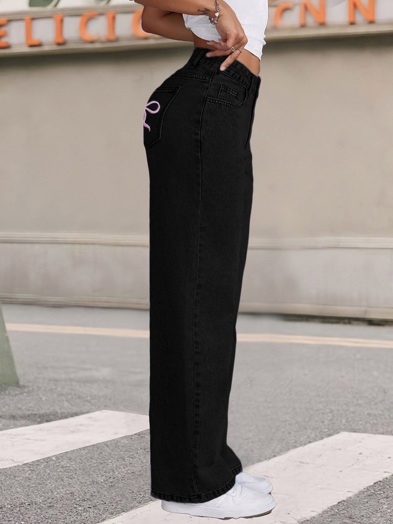 Women's Clothing High Waisted, Bow Tie Patchwork Wide Leg Jeans For Women, Y2K Style, Loose Fit._ecoleips.com