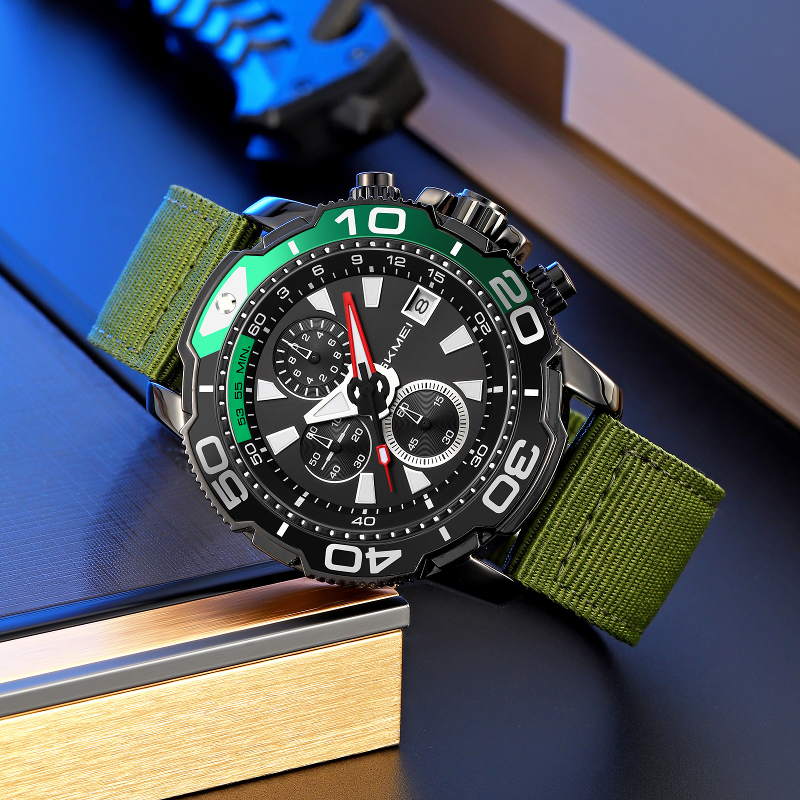 Momento de ventas transfronterizas calientes para hombres buceo viento cronógrafo de pulsera nylon rojo correa de cuarzo impermeable al por mayor
