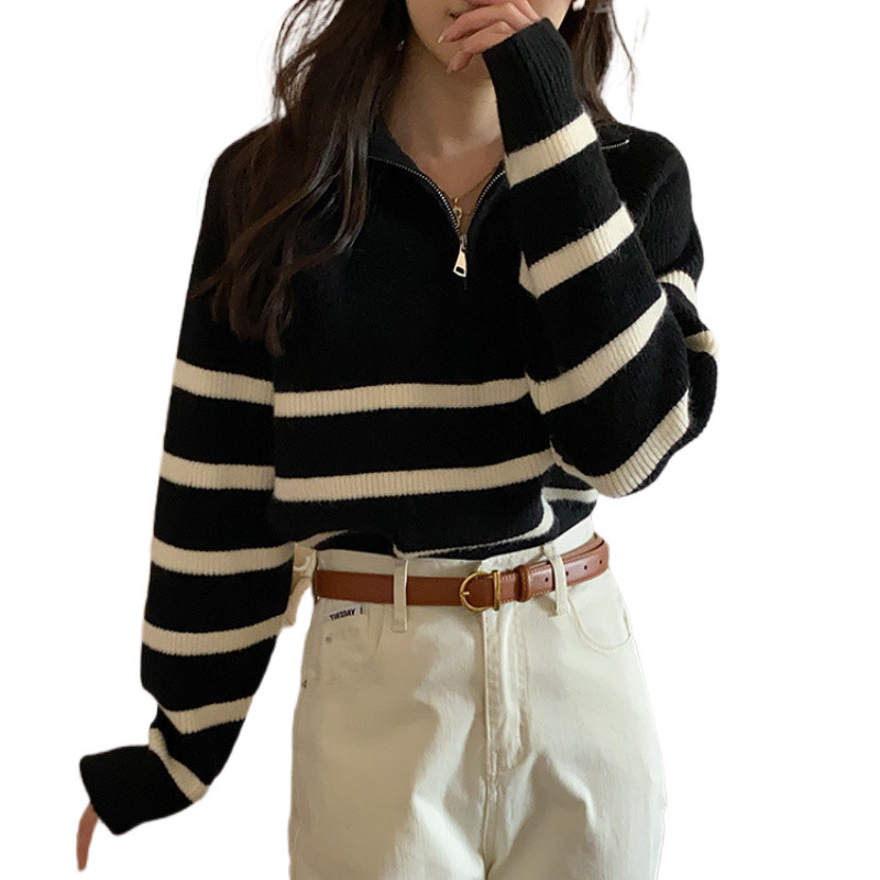 (2개) 하프 지프 스트라이프 스웨터 여성의 가을과 겨울 새 옷깃 풀오버 레트로 느슨한 니트 스웨터 이른 가을 게으른 스타일 아우터