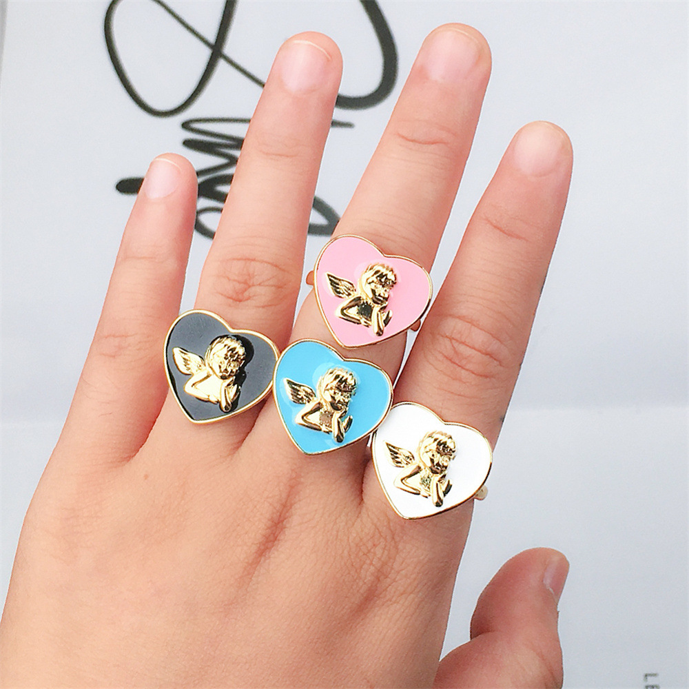 Nihaojewelry Wholesale Jewelry New Oil Drop Heart Angel Pattern Copper Ring display picture 2