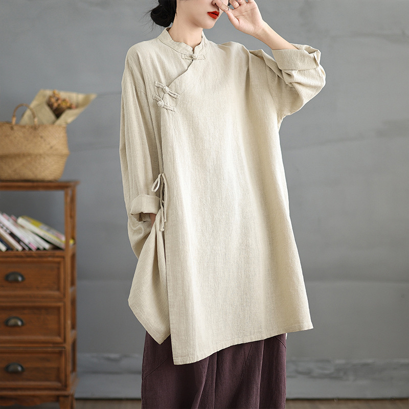 禅服女棉麻禅意素衣长袍新中式斜襟上衣寺院居士服禅修服长袖佛系|undefined