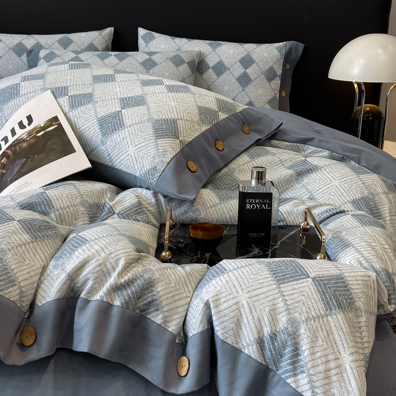 新款全棉加厚磨毛四件套轻奢格子纯棉纽扣款被套床单秋冬简约床品
