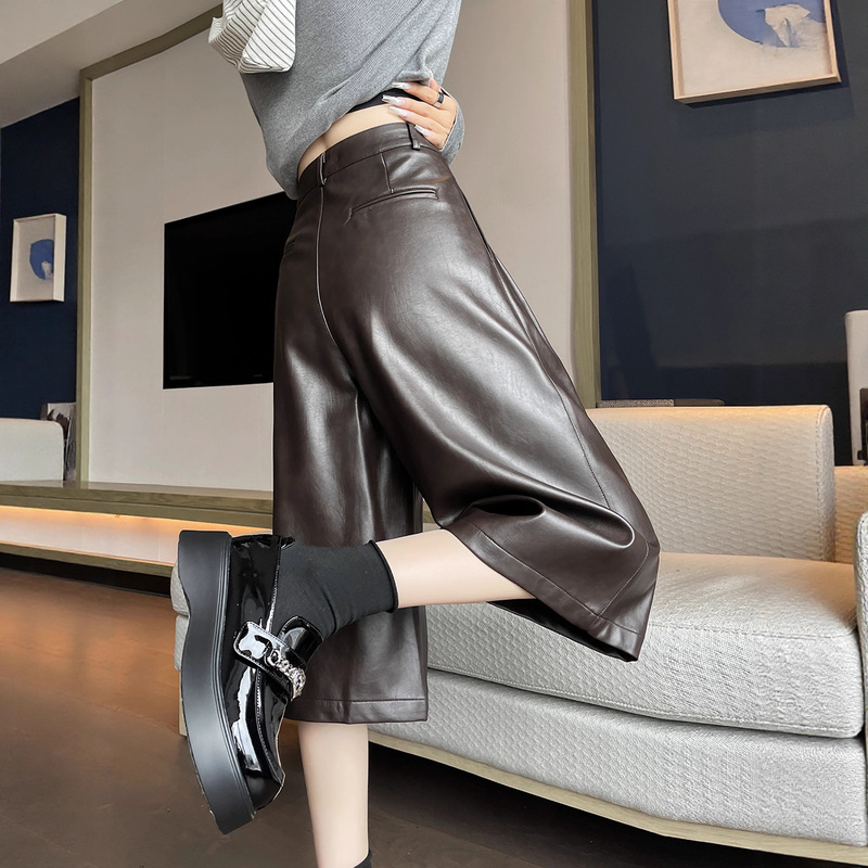Coffee-Colored Straight-Leg Pants, New Autumn and Winter High-Waisted Wide-Leg Cropped Pu Leather Pants, Lazy Style, Trendy, Loose, Versatile Casual Pants 7701