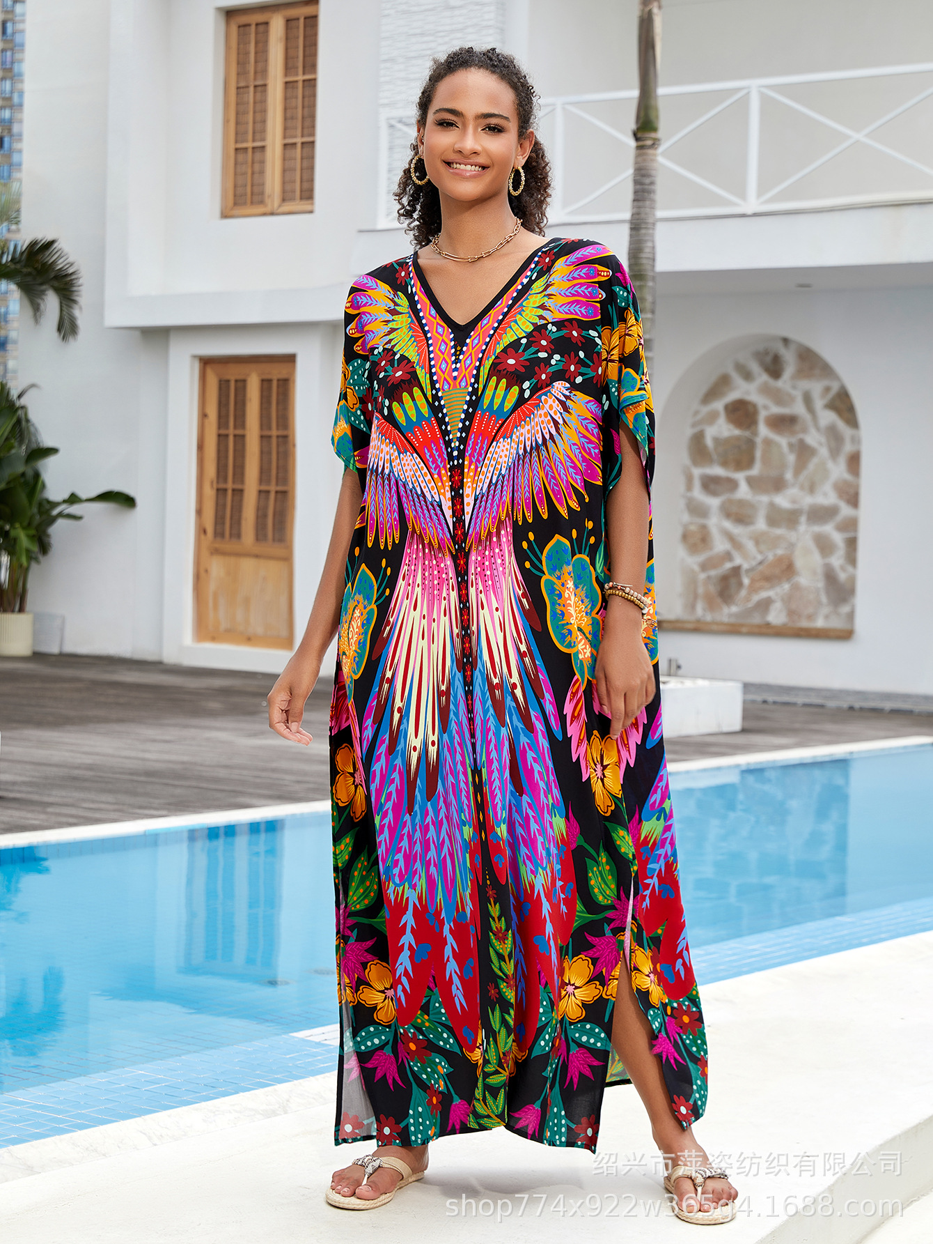 Camiseta de playa de algodón impresa bohemia vestido de manga de murciélago vestido bikini camiseta protector solar AT669