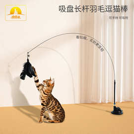 逗猫棒批发新款亚马逊猫咪自嗨加长逗猫棒羽毛吸盘黑色逗猫猫玩具