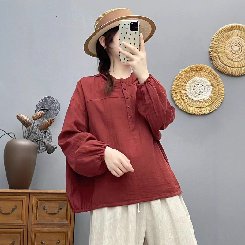 Autumn 25 Shirt Long-Sleeved Loose Casual Korean Style Double-Layer Gauze Shirt Top Preppy Style Hooded Shirt New Style