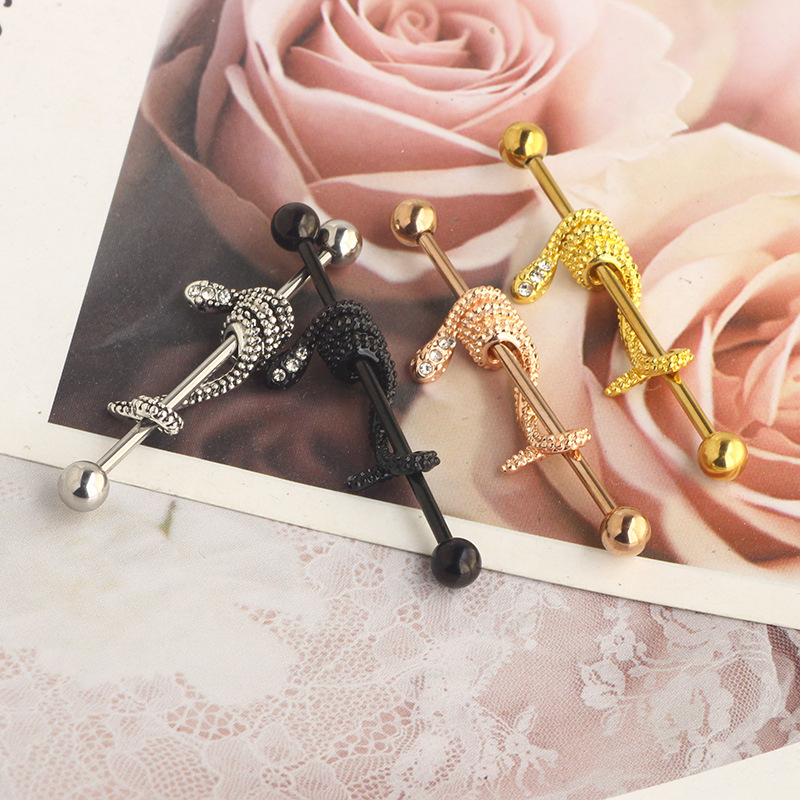 14G Snake Industrial Barbell Earrings Star Rose Gold with CZ Double Ear Hole Bridge Earring Piercing Jewelry 38mm detail image 10