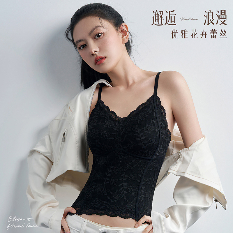 性感蕾丝小吊带背心女内搭一体带胸垫打底带胸垫轻塑修身美背文胸
