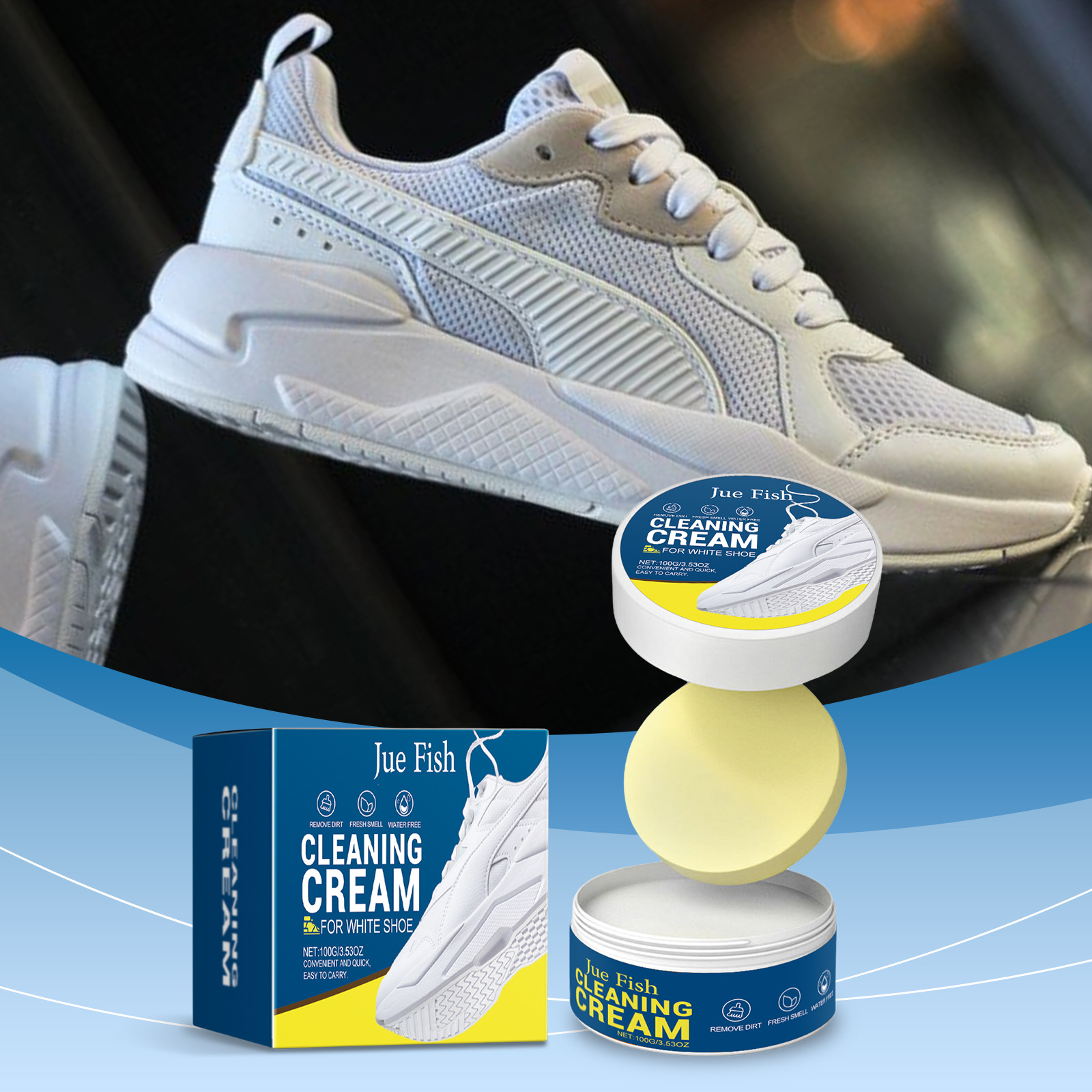 Jue Fish White Shoe Cleaning Cream, Sports Shoes, Canvas Shoes, Water-Free Surface Stain Removal Multi-Functional Cleaning Cream