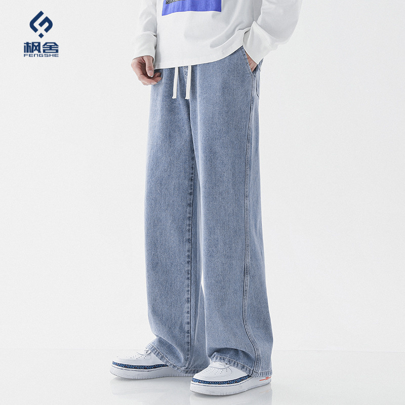 Men's Clothing / Elastic Waist Jeans for Men, American Retro Style, Loose Fit, Drapey Wide-Leg Pants, Summer Thin Style