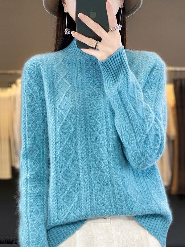 【一線の服】純色の半高襟の底のシャツの女性の秋冬の新型のジャカードの組み合わせのニットの女性のセーターのファッション|undefined