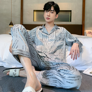 Yirucai spring and autumn ice silk pajamas men's long gray ink painting Internet celebrity thin silk summer cardigan home wear